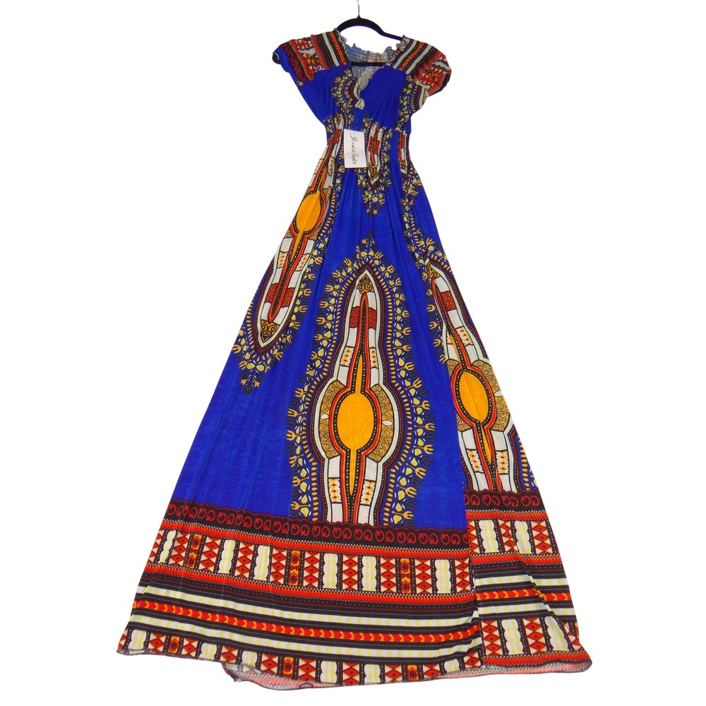 Jessica Taylor Royal Blue Dashiki Tribal Print Smocked Maxi Dress XL 1801-205